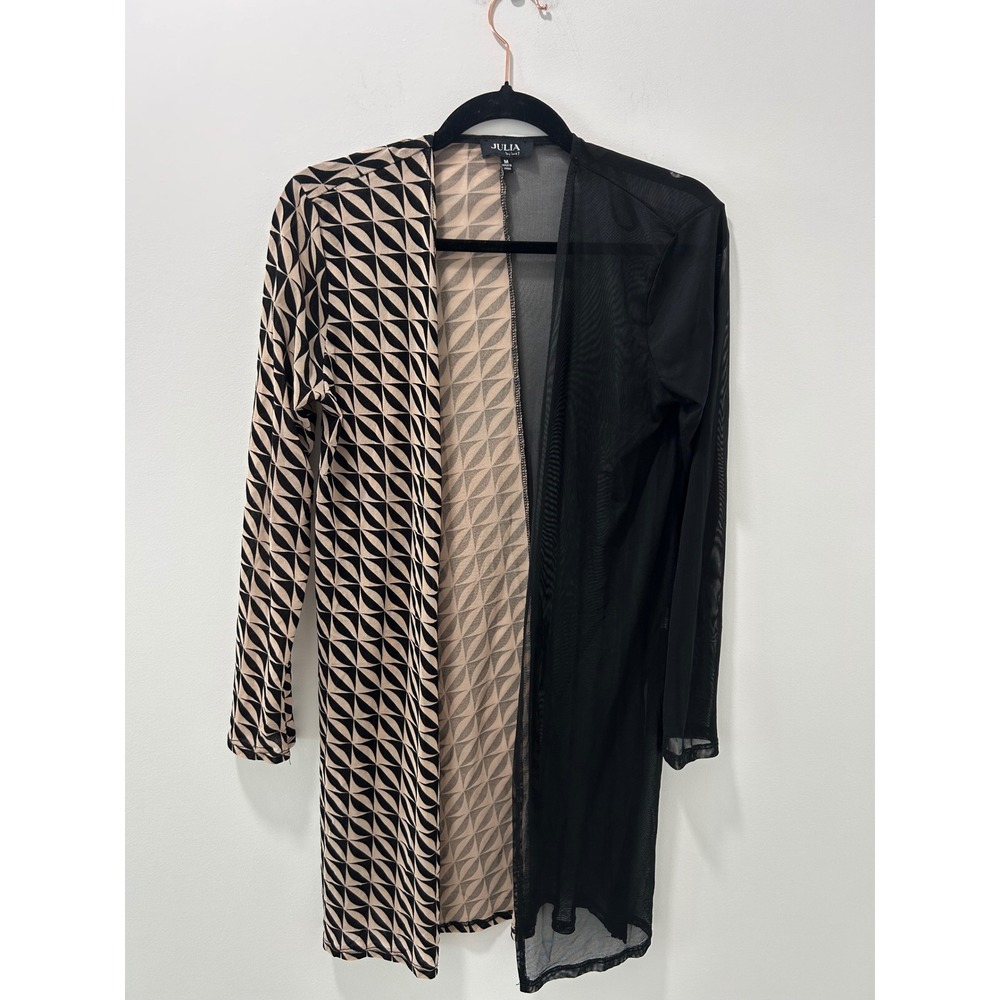 Julia by Love J Womens Medium Black Tan Geometric Sheer Mesh Longline Cardigan